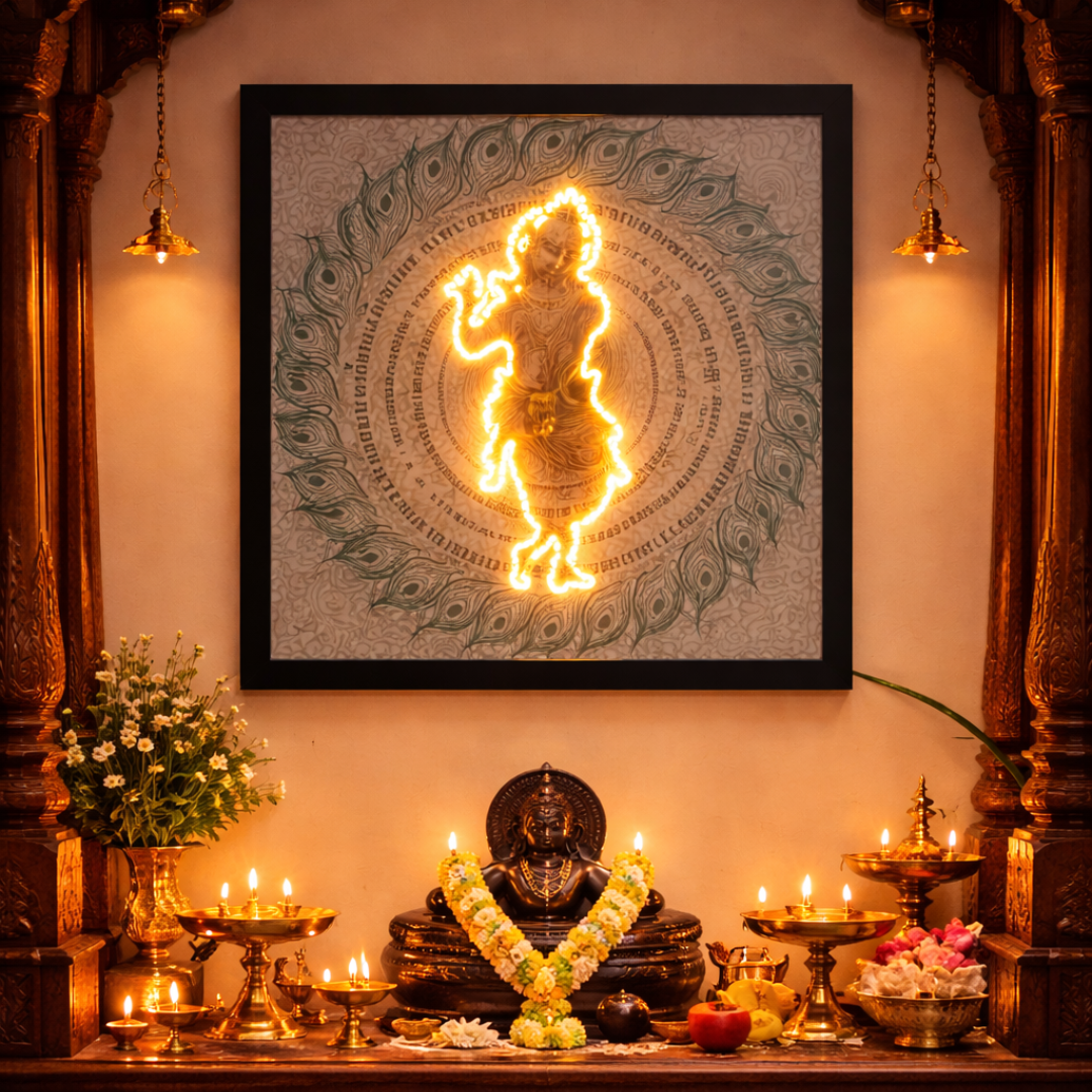 Hare Krishna Mandala – Glowing Maha Mantra & Hidden Flute Player LED Art