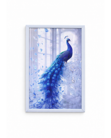 Framed Peacock Wall Art, Blue Peacock with Feathers, Dreamy Ethereal Style, White Frame
