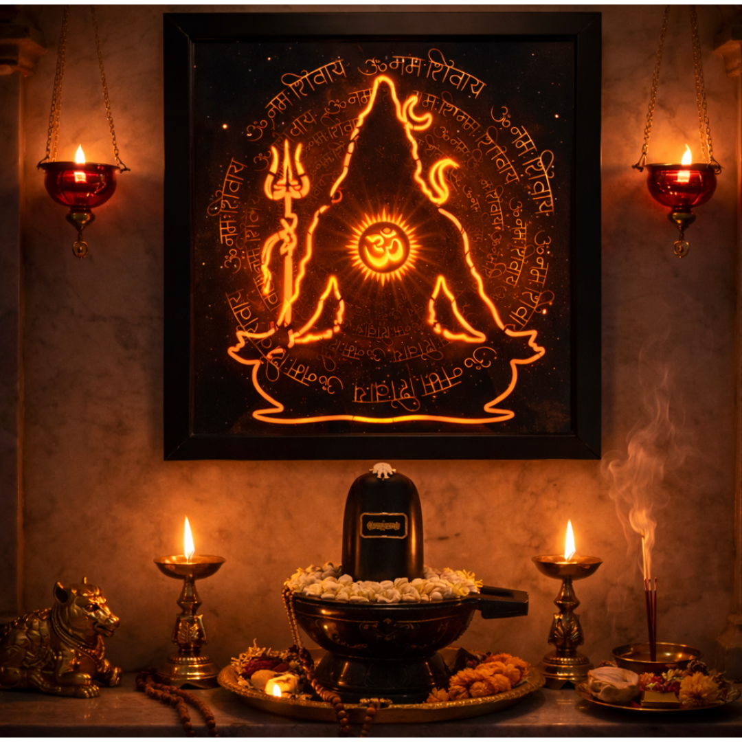 Cosmic Shiva Manifestation – Glowing Om & Mantra LED Wall Art