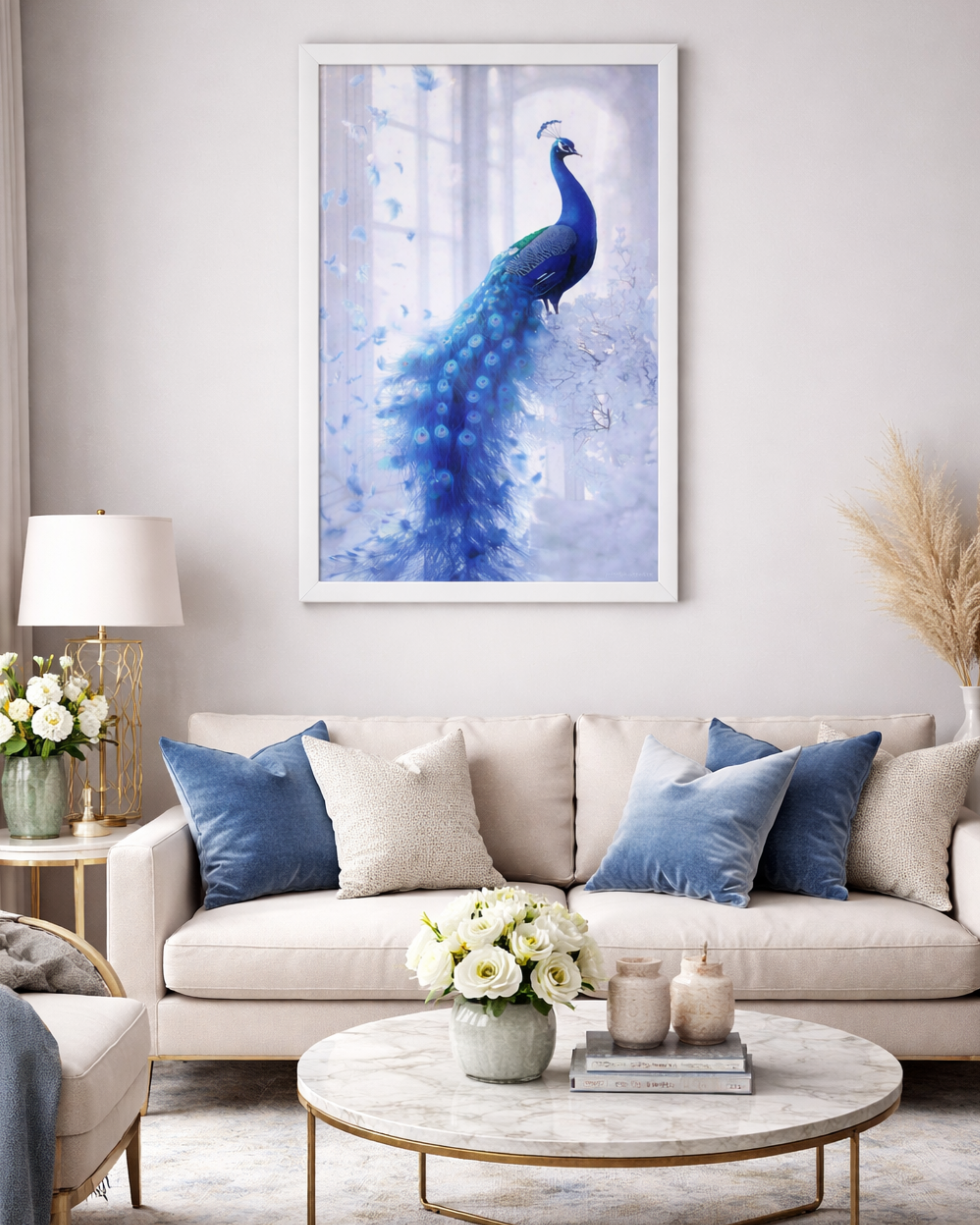 Framed Peacock Wall Art, Blue Peacock with Feathers, Dreamy Ethereal Style, White Frame
