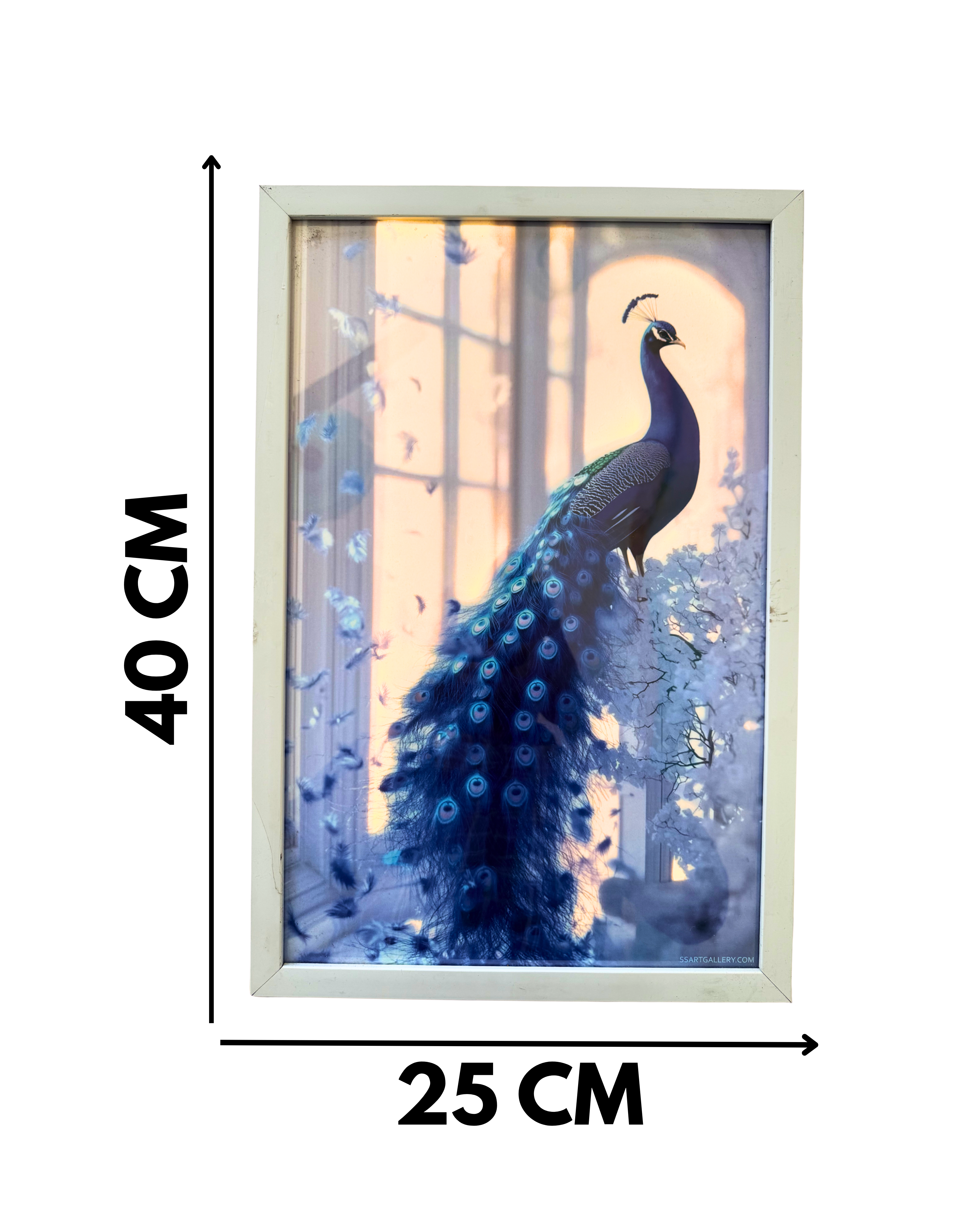 Framed Peacock Wall Art, Blue Peacock with Feathers, Dreamy Ethereal Style, White Frame