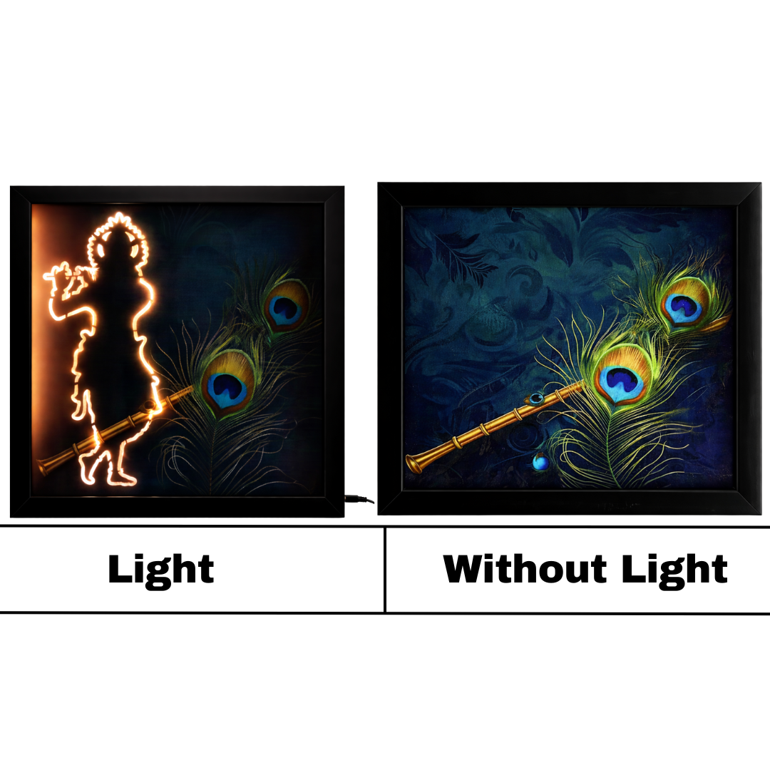 Mystical Krishna Silhouette – Hidden Glow LED Wall Art with Peacock Feathers