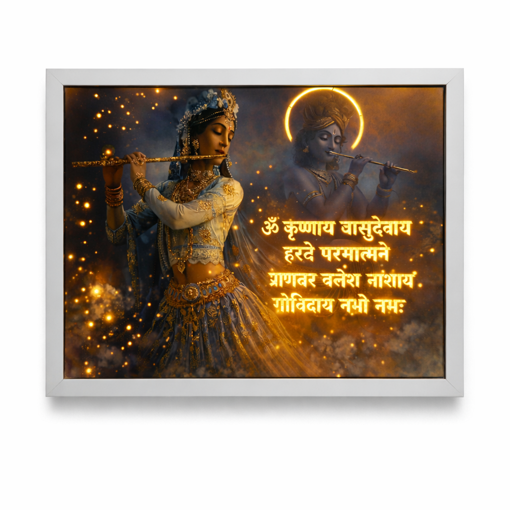 Divine Krishna LED Wall Art – Backlit Flute Player & Glowing Sanskrit Mantra Frame