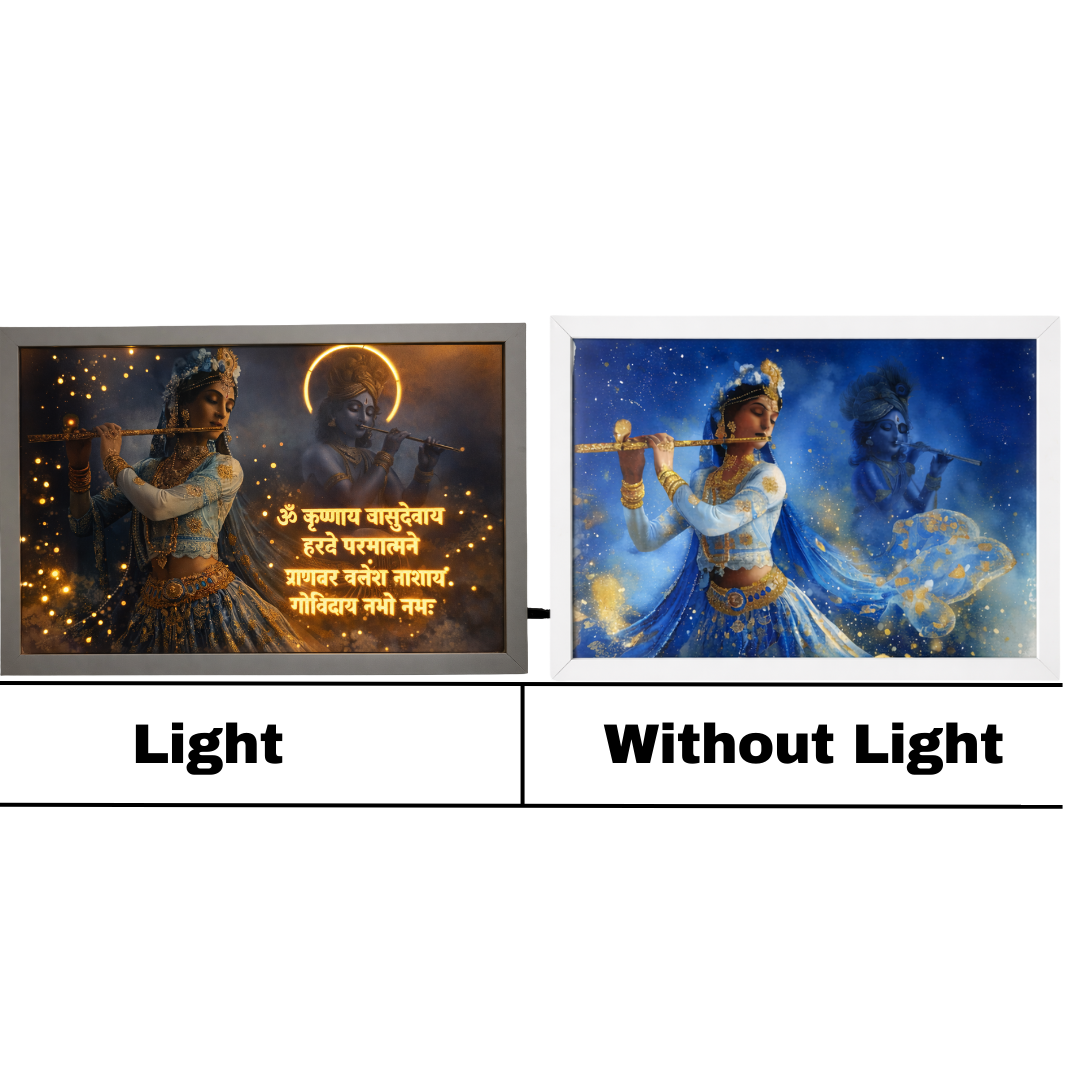 Divine Krishna LED Wall Art – Backlit Flute Player & Glowing Sanskrit Mantra Frame