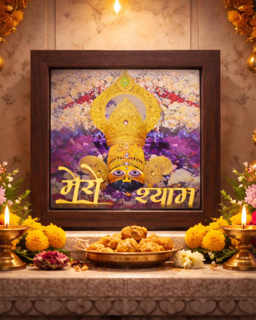 Shree Khatu Shyam Ji Framed Wall Art – Premium Wooden Frame Hindu Devotional Home Decor