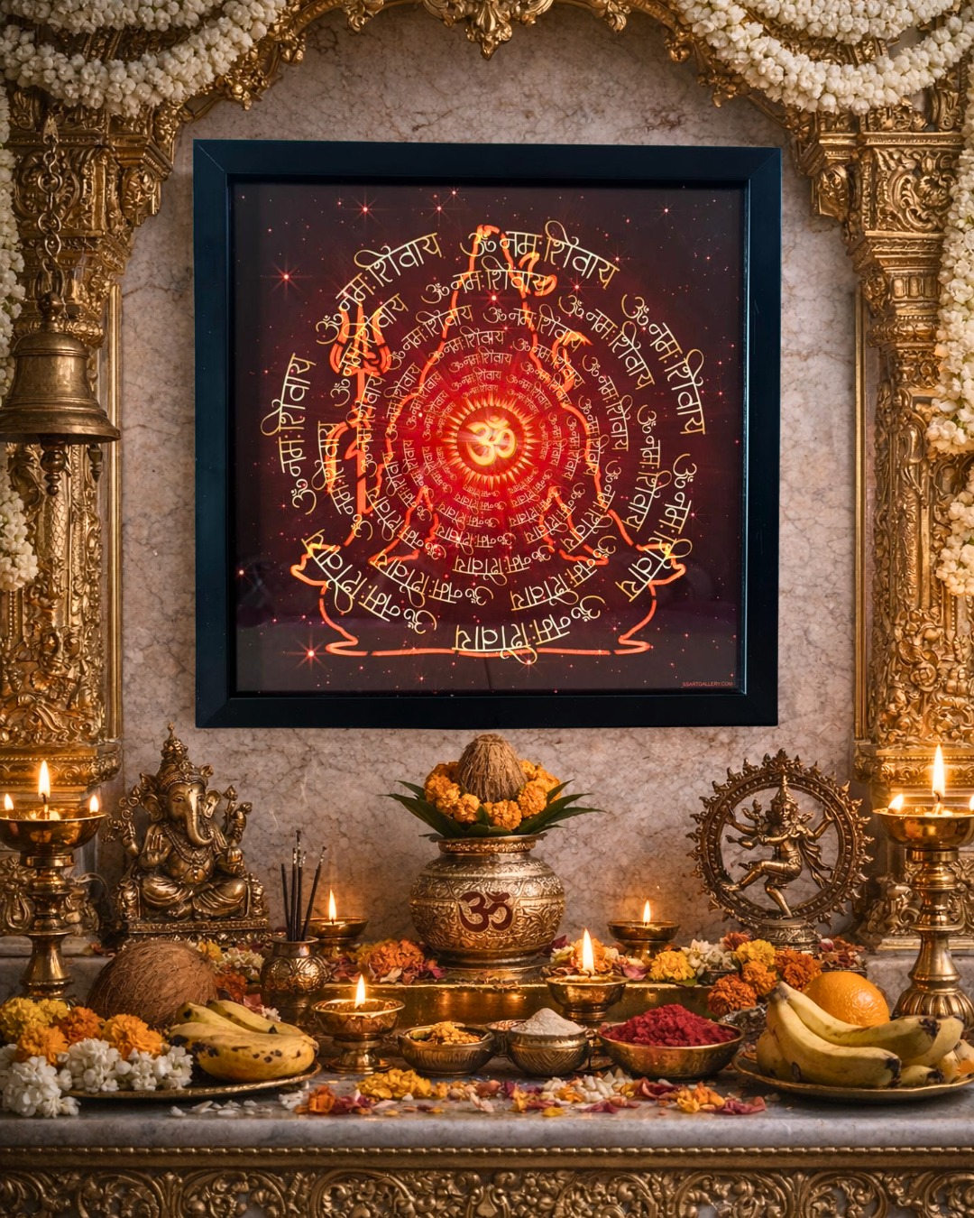 Lord Shiva LED Wall Frame with Om Symbol, Golden Light, Black Frame,33 * 33 cm Spiritual Home Decor for Pooja Room, Meditation Area