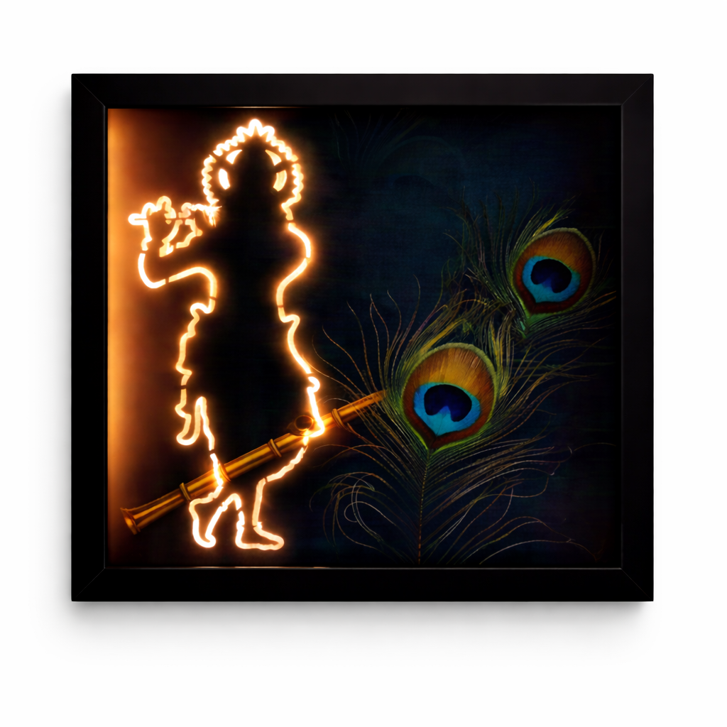 Mystical Krishna Silhouette – Hidden Glow LED Wall Art with Peacock Feathers