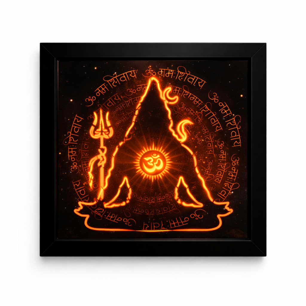 Radiant Shiva Mantra Mandala – Warm Orange LED Wall Art with Hidden Deity Silhouette