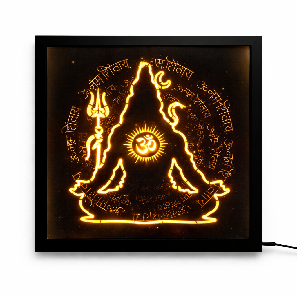 Cosmic Shiva Manifestation – Glowing Om & Mantra LED Wall Art