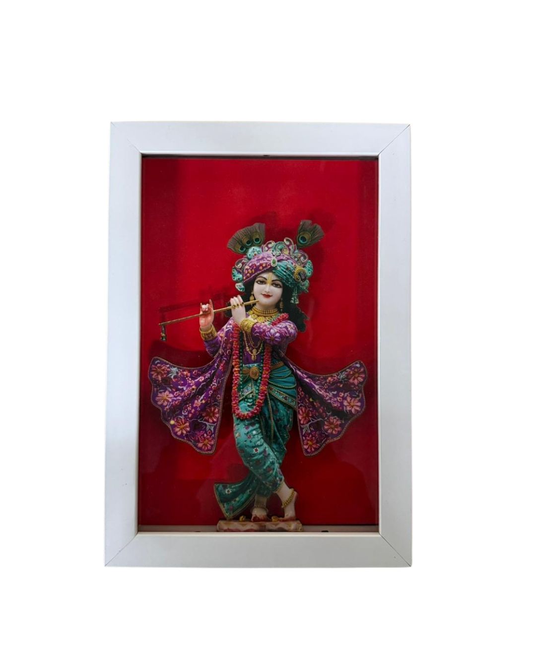 Framed Lord Krishna Playing Flute – Decorative Wall Art with Red Velvet Background