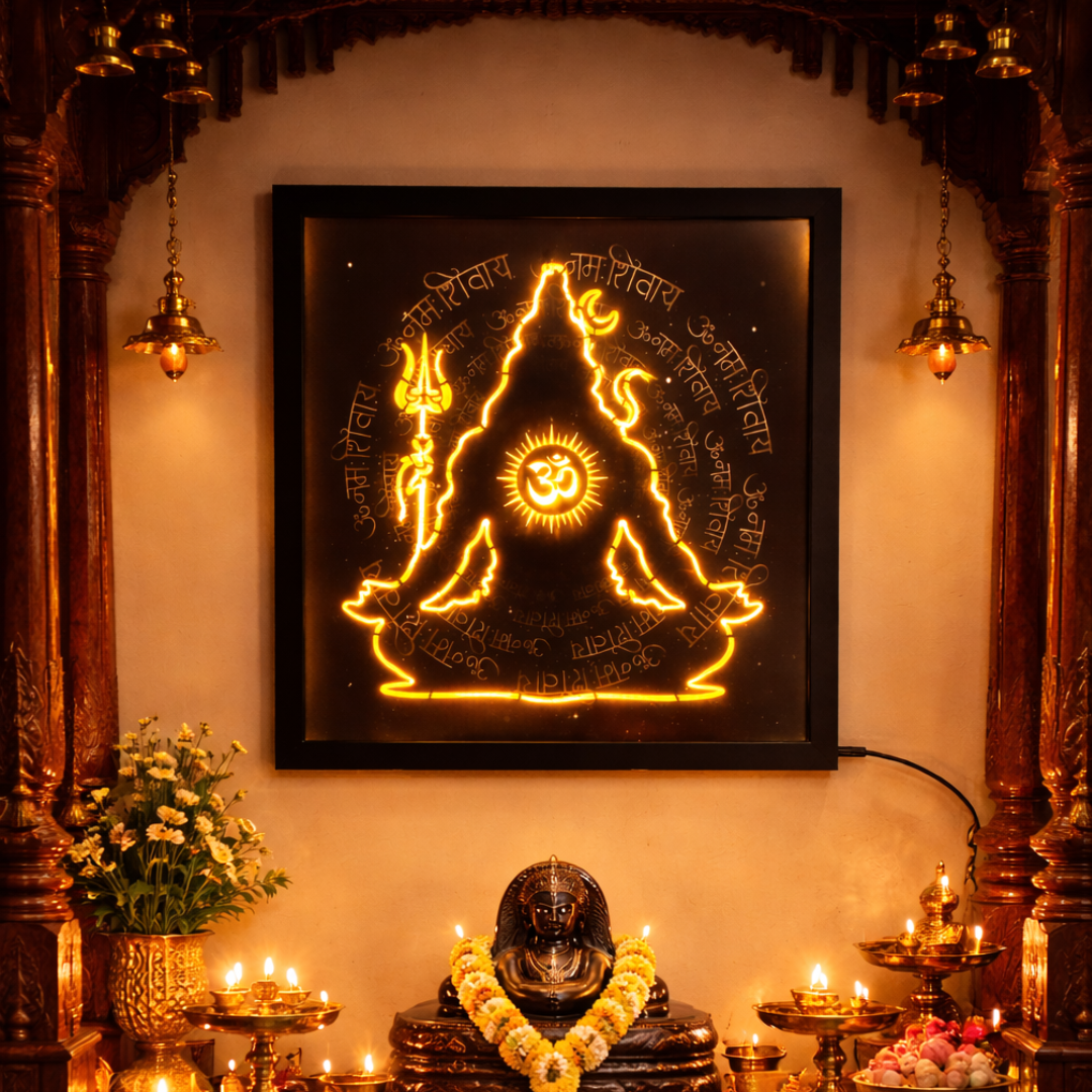 Radiant Shiva Mantra Mandala – Warm Orange LED Wall Art with Hidden Deity Silhouette