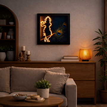 Mystical Krishna Silhouette – Hidden Glow LED Wall Art with Peacock Feathers