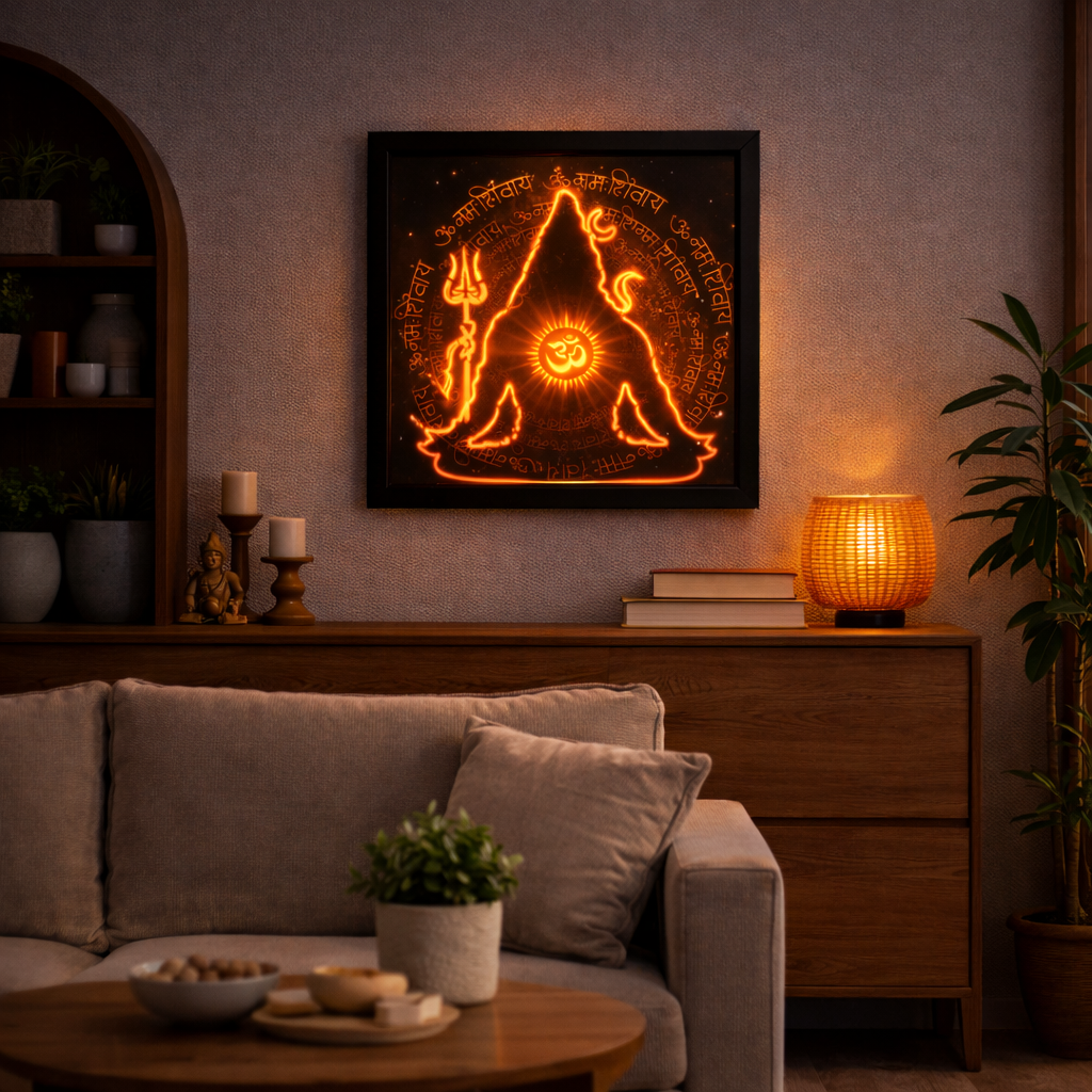 Radiant Shiva Mantra Mandala – Warm Orange LED Wall Art with Hidden Deity Silhouette